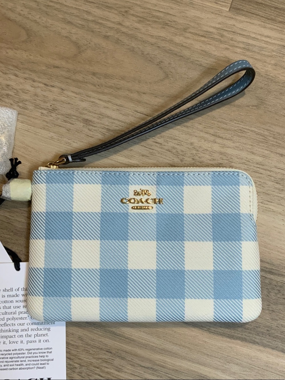 Coach Blue and Cream Gingham Wristlet